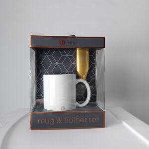 B Glam Ceramic Coffee Mug and Frother Boxed Gift Set Kitchen Home White Gold
